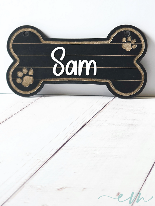 Personalized Black Wood Dog Bone Nameplate